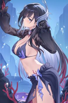 1girl absurdres adapted_costume arm_up asymmetrical_gloves bikini black_gloves black_hair black_shrug blue_bikini blue_eyes blue_hair breasts bubble cleavage colored_inner_hair commentary coral cowboy_shot duplicate earclip from_side gloves gradient_hair hair_ornament hand_up highres honkai:_star_rail honkai_(series) hysilens_(honkai:_star_rail) large_breasts light_blush long_hair long_sleeves looking_at_viewer looking_to_the_side lunacle mismatched_gloves multicolored_hair navel paid_reward_available parted_lips purple_bikini purple_sarong red_gloves sarong scales shrug_(clothing) solo stomach swimsuit thighs torn_clothes torn_sarong very_long_hair