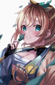 Rule 34 | 1girl, black gloves, blonde hair, blue eyes, blush, breasts, chameleon (chameleon0613), chest sarashi, cleavage, closed mouth, commentary request, fingerless gloves, gloves, holding, holding leaf, hololive, japanese clothes, kazama iroha, kazama iroha (1st costume), kimono, leaf, medium breasts, medium hair, ponytail, sarashi, smile, solo, virtual youtuber, white kimono