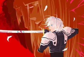 1boy 1girl aged_down armor black_coat black_gloves coat commentary english_commentary falling_feathers feathers fighting_stance final_fantasy final_fantasy_vii final_fantasy_vii:_ever_crisis from_behind from_side gloves green_eyes grey_hair highres holding holding_sword holding_weapon jacoline jenova long_sleeves profile sephiroth sephiroth_(ever_crisis) short_hair shoulder_armor sword upper_body weapon white_feathers