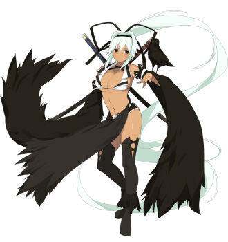 1girl animal bikini bikini_top_only bird black_bow black_eyes black_hairband black_ribbon boots bow breasts cleavage crow curtains dark-skinned_female dark_skin detached_sleeves feathers hair_bow hair_ornament hair_ribbon hairband huge_breasts katana loincloth long_hair official_art pelvic_curtain ponytail ribbon senran_kagura senran_kagura_new_wave sheath sheathed short_shorts shorts solo swimsuit sword tan thighhighs very_long_hair weapon white_hair yaegashi_nan yuyaki_(senran_kagura)