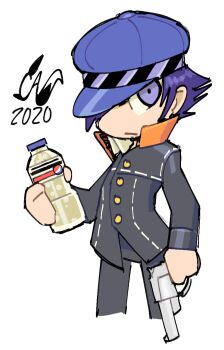1girl androgynous black_jacket black_pants blue_eyes blue_hair blue_hat bottle caliginousarts commentary drink english_commentary expressionless gun handgun hat hat_over_one_eye highres holding holding_bottle holding_drink holding_gun holding_weapon jacket long_sleeves looking_at_viewer newsboy_cap pants pepsi persona persona_4 reverse_trap school_uniform shadow_(persona) shadow_naoto shirogane_naoto short_hair soda soda_bottle weapon yasogami_school_uniform