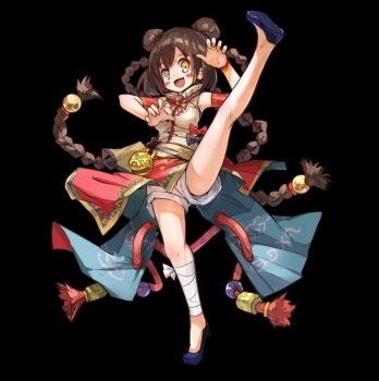 1girl :d bandaged_leg bandages black_background blue_shoes blush_stickers braid breasts brown_hair claw_pose double_bun fang flats full_body hair_between_eyes hair_bun hands_up highres large_breasts leg_up long_hair merc_storia merc_storia_art_team miao_ping_(merc_storia) official_art open_mouth outstretched_leg shirt shoes short_shorts shorts sidelocks simple_background sleeveless sleeveless_shirt smile solo standing standing_on_one_leg tachi-e tiptoes twin_braids very_long_hair white_shorts yellow_eyes