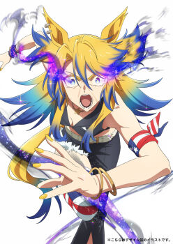 Rule 34 | 1girl, absurdres, american flag, american flag print, animal ears, asymmetrical pants, bandana around arm, belt, black pants, black shirt, blonde hair, blue eyes, blue hair, bracelet, breasts, copyright logo, eye trail, flag print, fukumoto yousuke, highres, horse ears, horse girl, horse tail, jewelry, light trail, logo, long hair, looking at viewer, midriff, multicolored hair, necklace, obey your master (umamusume), official art, open mouth, pants, running, shirt, solo, star-shaped pupils, star (symbol), star necklace, symbol-shaped pupils, tail, teeth, two-tone hair, umamusume, umamusume: cinderella gray, white background, white belt, yellow nails