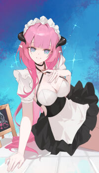 1girl absurdres apron black_dress black_horns blue_background blue_eyes breasts chinese_commentary cleavage commentary_request dress elf elysia_(honkai_impact) elysia_(miss_pink)_(honkai_impact) elysia_(miss_pink_elf)_(honkai_impact) fake_horns gloves guantoumao-0 highres honkai_(series) honkai_impact_3rd horns large_breasts long_hair looking_at_viewer maid maid_apron maid_headdress official_alternate_costume pink_hair pointy_ears puffy_short_sleeves puffy_sleeves short_sleeves smile solo very_long_hair white_apron white_gloves