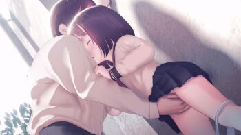 1boy 1girl 3d age_difference animated animated_gif bob_cut brown_eyes brown_hair closed_eyes custom_udon dutch_angle fingering grabbing_another's_arm loli long_sleeves looping_animation original outdoors panties panties_around_thighs panty_pull pleated_skirt pussy_play sailor_collar school_uniform serafuku shirt size_difference skirt solo_focus underwear white_panties white_shirt