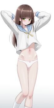 1girl arms_behind_head blouse blue_sailor_collar blunt_bangs blush bow bow_panties brown_hair cameltoe closed_mouth embarrassed green_eyes highres hip_bones kneehighs long_hair long_sleeves looking_at_viewer mustee neckerchief no_pants original panties raised_eyebrows ribbon sailor_collar sailor_shirt school_uniform serafuku shirt sidelocks simple_background skinny socks solo standing underwear variant_set white_background white_panties white_serafuku white_socks winter_uniform
