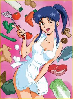 apron ass breasts brown_eyes carrot chicken_(food) cleavage cucumber egg egg_(food) fanservice fish food imminent_penetration katsuragi_misato large_breasts lettuce long_hair looking_at_viewer mature_female mushroom naked_apron neon_genesis_evangelion official_art one_eye_closed open_mouth peppers ponytail potato purple_hair sidelocks smile spatula spring_onion steak tomato tony_takezaki vegetable wink