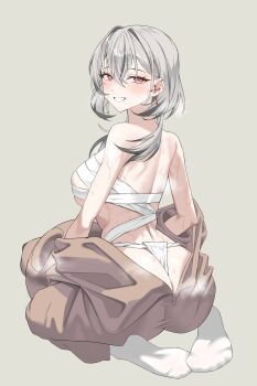 1girl absurdres animal_costume arms_at_sides ass blush breasts brown_background chest_sarashi commentary_request from_behind full_body fundoshi grey_hair grin hair_between_eyes highres japanese_clothes korean_commentary large_breasts long_bangs looking_at_viewer looking_back no_shoes ohwayo pigpotato project_[i] red_eyes sarashi short_hair simple_background sitting smile socks solo steam steaming_body sweat undressing unzipped very_sweaty virtual_youtuber white_socks zipper_pull_tab