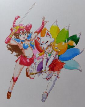 Rule 34 | 2girls, animal ears, animal hat, armor, arms up, arthropod girl, bikini armor, blonde hair, blue choker, blue eyes, breasts, brown hair, brown shoes, choker, colored tips, commentary request, crossover, elbow gloves, fox ears, fox girl, fox hat, fox tail, fukkatsu no ken another nima, full body, fuuin ken zanima, gloves, gohei, hakama, hakama short skirt, hakama skirt, hat, highres, holding, holding gohei, holding sword, holding weapon, japanese clothes, jewelry, kimono, kitsune, knee pads, long hair, low-tied long hair, magatama, magatama necklace, medium breasts, midriff, miniskirt, mizutani kenta, motoyui, multicolored hair, multiple girls, multiple tails, navel, necklace, open mouth, pointy ears, red hakama, red skirt, sandals, sassou lieza, scorpio (symbol), scorpion girl, shoes, shoulder armor, side slit, sidelocks, simple background, skirt, sleeveless, sleeveless kimono, smile, sword, tail, teeth, thighhighs, traditional media, two-tone hair, upper teeth only, vambraces, weapon, white background, white gloves, white hair, white kimono, white thighhighs, yellow eyes, youko qb, zouri