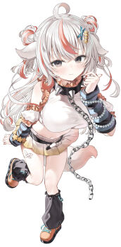 1girl absurdres ahoge animal_ears arm_warmers bare_shoulders black_collar black_eyes black_socks breasts chain collar commentary_request crop_top dog_ears dog_girl dog_tail full_body highres large_breasts long_hair looking_at_viewer loose_socks midriff miniskirt multicolored_hair navel orange_shoes original pleated_skirt shirt shoes simple_background skirt sleeveless sleeveless_shirt socks solo spiked_collar spikes stomach streaked_hair tail thighs very_long_hair white_background white_hair white_shirt yana_mori yellow_skirt