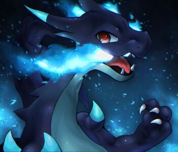 blue_fire breath_weapon breathing_fire charizard claws commentary_request embers fire gen_1_pokemon highres looking_at_viewer mega_charizard_x mega_pokemon nintendo no_humans open_mouth pokemon pokemon_(creature) red_eyes sharp_teeth signature solo teeth yuu_8248