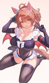 1girl 1m5papa absurdres ahoge animal_ears bat_wings black_gloves black_leotard black_shoes black_thighhighs blush breasts brown_hair candy cleavage covered_navel dantsu_flame_(umamusume) ear_covers elbow_gloves food food_between_breasts frilled_leotard frills gloves hair_between_eyes high_heels highleg highleg_leotard highres horse_ears horse_girl horse_tail large_breasts leotard lollipop long_hair looking_at_viewer open_mouth ponytail shoes sidelocks sitting solo swirl_lollipop tail thighhighs umamusume v wariza wings yellow_eyes