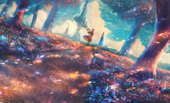 1girl black_capelet black_dress black_hair blue_sky capelet cloud cloudy_sky commentary_request dress dutch_angle fantasy floating_hair forest from_side highres long_hair looking_at_viewer looking_to_the_side nature original outdoors path road sakimori_(hououbds) scenery sky solo standing tower tree wide_shot