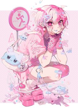 ! 1boy aegyo_sal animal animal_charm aqua_nails arm_warmers artist_name bag bandaid bandaid_on_arm bandaid_on_knee bandaid_on_leg bat_(animal) blood blood_on_ground blood_on_leg blue_ribbon blue_tongue bow bow_legwear bright_pupils character_charm charm_(object) collarbone colored_tongue commentary cross cross-laced_armwear cross-laced_clothes cross-laced_sleeves crossdressing crossdressing_(mtf) demon_boy demon_tail demon_wings ear_piercing earrings eita_789 food-themed_earrings food-themed_hair_ornament full_body hair_between_eyes hair_bow hair_intakes hair_ornament hairclip hands_on_own_face hands_up heart heart_tail highres jewelry kneehighs letterboxed looking_at_viewer loose_socks medium_hair multicolored_hair multicolored_nails nail_polish no_pants original oversized_clothes oversized_shirt piercing pill pink_arm_warmers pink_background pink_blood pink_eyes pink_hair pink_nails pink_shirt pink_shoes pink_socks pink_theme pink_thighhighs platform_footwear polka_dot polka_dot_background ribbon ribbon-trimmed_sleeves ribbon_trim ring shirt shoes short_sleeves shoulder_bag sign simple_background single_sock single_thighhigh skindentation slit_pupils smile socks solo sparkle spiked_footwear split-color_hair squatting star_(symbol) sticker_on_arm symbol-only_commentary tail tail_ornament tail_ribbon thigh_strap thighhighs tongue tongue_out two-tone_hair white_bag white_bow white_hair white_pupils white_ribbon white_tail wings x_hair_ornament yami_kawaii |_|