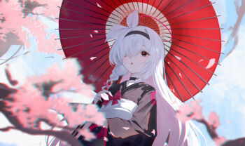 1girl blue_archive blue_eyes cherry_blossoms commentary_request highres japanese_clothes kimono long_hair naovo oil-paper_umbrella outdoors petals plana_(blue_archive) solo umbrella upper_body white_hair wind