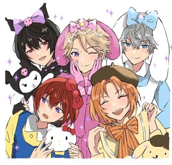 5boys animal_ears black_hair blonde_hair blue_eyes blush bow cinnamoroll closed_eyes closed_mouth cosplay crossdressing ensemble_stars! fake_animal_ears fine_ens gloves grey_hair hair_bow hat hello_kitty_(character) kuromi long_sleeves looking_at_viewer male_focus multiple_boys my_melody narukami_arashi one_eye_closed open_mouth orange_hair pompompurin purple_eyes rabbit_ears red_eyes red_hair sakuma_ritsu sanrio sena_izumi_(ensemble_stars!) short_hair smile suou_tsukasa tsukinaga_leo white_background