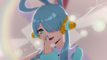 1girl absurdres alternate_costume blue_eyes blue_hair blue_shirt commentary daydarion elira_pendora english_commentary fangs hair_over_one_eye highres long_hair looking_at_viewer nijisanji nijisanji_en shirt solo twintails virtual_youtuber