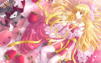 1girl :3 arch_bishop_(ragnarok_online) bad_id bad_pixiv_id blonde_hair braid breasts brown_eyes cait_sith_(final_fantasy) cat checkered_floor cleavage closed_eyes cookie cross dress female_focus floor food fruit ragnarok_online slime_(creature) smile solo star_(symbol) strawberry thighhighs two-tone_dress wildrose yakka