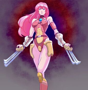 Rule 34 | 1girl, android, bb9 megadrive, belt, blue eyes, bodysuit, breasts, choker, clawed gauntlets, claws, closed mouth, commentary request, cyborg, expressionless, fighting stance, gem, highres, hip armor, knee pads, leotard, long hair, looking at viewer, mieu (phantasy star), phantasy star, phantasy star iii, red hair, red thighhighs, serious, solo, thighhighs, toned