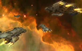 barge_(eve_online) brown_background cloud cloud_background commentary english_commentary eve_online fleet flying glowing harvesting_ship_(eve_online) highres nebula no_humans orange_background outdoors outer_ring_excavations_(eve_online) realistic scenery science_fiction space spacecraft star_(sky) thrusters vankaiser