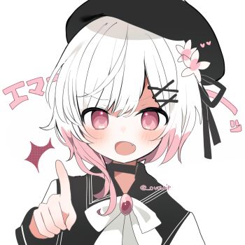 Rule 34 | 1girl, beret, black choker, black hat, character name, choker, commentary request, fang, flower, gradient hair, hair flower, hair ornament, hat, highres, long sleeves, looking at viewer, mahou shoujo no majo saiban, multicolored hair, open mouth, pink eyes, pink hair, pointing, pointing at viewer, sakuraba ema, shirasuame shiromaru, short hair, simple background, solo, translation request, twitter username, upper body, white background, white flower, white hair, x hair ornament