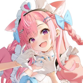 1girl absurdres ahoge animal_ears animal_print bell blue_bow blue_ribbon blush bow braid breasts cat_ears cat_girl cat_hair_ornament cat_print cleavage dress extra_ears gloves hair_bow hair_ornament hairclip heart heart_hands heart_print highres indie_virtual_youtuber jingle_bell kairono3jou large_breasts long_hair looking_at_viewer maid maid_headdress neck_bell neck_ribbon open_mouth pink_dress pink_eyes pink_hair ribbon short_sleeves simple_background smile solo star_(symbol) star_hair_ornament suspenders two_side_up virtual_youtuber white_background white_dress white_gloves yuuki_sakuna