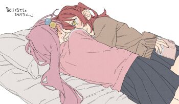 2girls bed black_skirt blush bocchi_the_rock! brown_shirt commentary cube_hair_ornament dayama ear_blush gotoh_hitori hair_ornament hand_on_another&#039;s_cheek hand_on_another&#039;s_face head_on_pillow highres holding holding_phone jacket kita_ikuyo long_hair multiple_girls on_bed phone pillow pink_jacket red_hair school_uniform shirt shuka_high_school_uniform side_ahoge side_ponytail simple_background skirt symbol-only_commentary track_jacket track_suit white_background yellow_eyes yuri