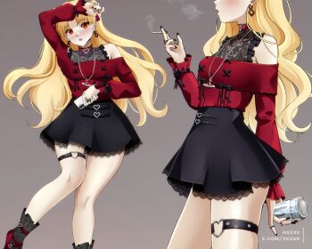 1girl alternate_costume artist_name between_fingers black_bow black_dress black_nails black_skirt black_socks blonde_hair blowing_smoke blush bow bow_ring breasts brooch buckle can casual cellphone character_name character_signature choker cigarette commentary cowboy_shot dress earrings energy_drink english_commentary ereshkigal_(fate) facing_to_the_side fashion fate/grand_order fate_(series) fingernails frills from_side globus_cruciger gradient_background hair_bow hand_on_own_head heart heart-shaped_buckle heart_brooch holding holding_can holding_cigarette holding_phone iphone jewelry jirai_kei lace lace_trim long_hair long_sleeves looking_at_viewer lying mary_janes monster_energy multiple_rings multiple_views nail_polish necklace off-shoulder_shirt off-shoulder_sweater off_shoulder open_mouth orange_eyes paid_reward_available parted_bangs patterned_background phone pillow planet_necklace red_bow red_choker red_eyes red_shirt ring shirt dress_under_shirt shoes short_dress signature simple_background skirt sleeveless sleeveless_dress small_breasts smartphone smoke smoking socks solo standing star_(symbol) striped_background sweater thigh_strap thighs tobacco twitter_username two_side_up vivienne_westwood xkzan y2k_fashion