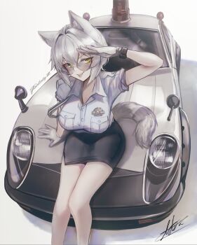 1girl absurdres animal_ears arktic artist_name bare_arms bare_legs breasts car gloves green_eyes highres large_breasts looking_at_viewer motor_vehicle original pencil_skirt police police_uniform policewoman round_eyewear seductive_smile short_hair short_sleeves signal_(arktic) simple_background sitting skirt smile solo sunglasses tail tongue tongue_out watch white_background white_gloves white_hair wolf_ears wolf_girl wolf_tail wristwatch