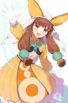 Rule 34 | 1girl, blunt bangs, brown eyes, brown hair, casting spell, commentary request, dragon quest, dragon quest vii, dragon quest vii reimagined, dress, fosse (dq7), hair ornament, hat, highres, long hair, low-tied long hair, simple background, solo, sphere hair ornament, standing, teeth, twintails, upper teeth only, very long hair, yellow dress, yellow hat, yuuri (orz commushows)