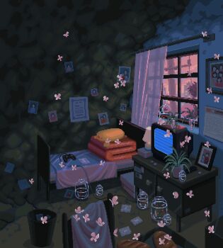 absurdly_detailed_composition animated animated_gif apartment bed bedroom bread bug building butterfly calendar_(object) city cityscape commentary controller curtains evening flickering food game_controller highres indoors insect jar lamp loaded_interior original photo_(object) pixel_art plant potted_plant scenery spring_(season) stuffed_toy television waneella