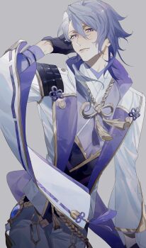 1boy absurdres agemaki_knot arm_at_side arm_up armor asymmetrical_hair black_armor black_corset black_gloves blue_hair chinese_knot corset cowboy_shot flower_knot genshin_impact gloves gold_trim grey_background hand_to_head highres jacket japanese_armor japanese_clothes kamisato_ayato kiwo20000 long_sleeves looking_at_viewer male_focus medium_hair mole mole_under_mouth pants parted_lips purple_eyes purple_shirt shirt shoulder_armor simple_background single_sode sode solo tassel two-sided_fabric two-sided_jacket vision_(genshin_impact) white_jacket white_pants wide_sleeves
