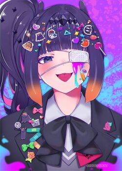 1girl bandaid black_hairband bloop_(gawr_gura) blue_eyes bow bubba_(watson_amelia) candy chicken_(food) chicken_leg chuunibyou colorful cookie death-sensei_(mori_calliope) eyepatch fish food hair_bow hairband heart highres hololive hololive_english kotori_(takanashi_kiara) lips lollipop looking_at_viewer magnifying_glass neck_ribbon ninomae_ina&#039;nis open_mouth paint ribbon school side_ponytail sinq39desu smile solo sticker takodachi_(ninomae_ina&#039;nis) tentacle_hair tongue tongue_out v-neck virtual_youtuber