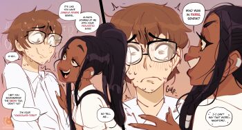 1boy 1girl absurdres artist_self-insert black_hair blush chocotoro dark-skinned_female dark_skin earrings english_text glasses high_ponytail highres ijiranaide_nagatoro-san jewelry long_hair mahmapuu nagatoro_hayase ponytail racism school_uniform shirt sweat tagme white_shirt