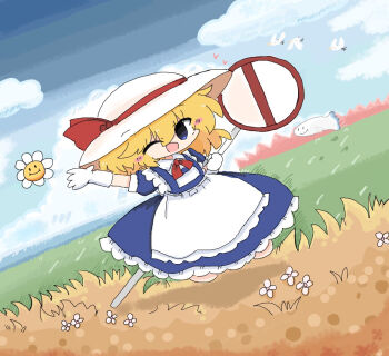 1girl apron bird blonde_hair blue_dress commentary_request dress field flower ghost gloves hat hat_ribbon holding_road_sign kana_anaberal kuuinusuki red_ribbon ribbon road_sign short_hair short_sleeves sign smile solo sun_hat touhou touhou_(pc-98) white_apron white_gloves white_hat yellow_eyes