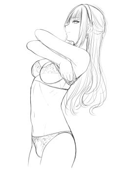 armpits bra breasts bulge cowboy_shot earrings futa_without_pussy futanari hair_behind_ear hairband highres jewelry long_eyelashes long_hair navel nut-chan_(xter) original panties pinup_(style) ribs sketch solo underwear undressing xter