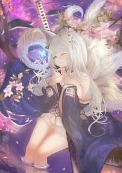 1girl animal_ear_fluff animal_ears azur_lane bare_shoulders blue_eyes breasts cherry_blossoms commentary_request detached_collar flower highres holding holding_sword holding_weapon huge_weapon ito_lab kitsune kyuubi large_breasts long_hair long_sleeves miniskirt multiple_tails one_eye_closed pink_flower pleated_skirt scabbard sheath shinano_(azur_lane) sitting sitting_on_branch skirt solo sword tail very_long_hair wading weapon white_hair white_skirt white_tail wide_sleeves