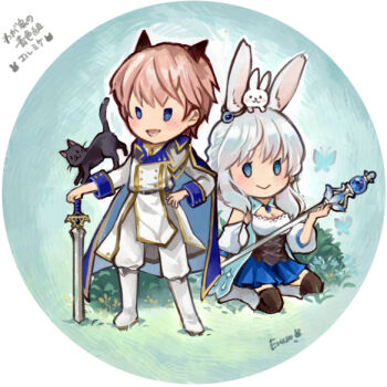 Rule 34 | 1boy, 1girl, animal, animal ears, animal on head, black cat, black corset, black thighhighs, blue cape, blue eyes, blue skirt, boots, cape, cat, closed mouth, coat, commentary request, corset, full body, gobaku no hito, grass, grey hair, holding, holding staff, holding sword, holding weapon, long hair, off-shoulder shirt, off shoulder, on head, open mouth, pants, pink hair, planted, planted sword, planted weapon, rabbit, rabbit ears, rabbit girl, rabbit on head, ragnarok masters, ragnarok online, seiza, shirt, short hair, sitting, skirt, smile, solid oval eyes, staff, sword, thighhighs, weapon, white boots, white coat, white pants, white shirt