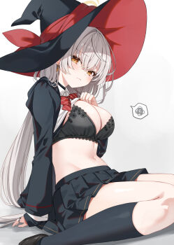 1girl arm_support black_bra black_hat black_jacket black_socks blue_archive blush bow bowtie bra breasts cleavage closed_mouth clothes_lift commentary_request diagonal-striped_bow eri_(blue_archive) hat highres jacket jewelry kneehighs large_breasts lifting_own_clothes long_hair looking_at_viewer miniskirt multiple_rings navel open_clothes open_jacket pleated_skirt red_bow red_bowtie ring shirt shirt_lift simple_background skindentation skirt socks solo spoken_squiggle squiggle stomach striped_bow striped_bowtie striped_clothes thighs two-sided_fabric two-sided_headwear undershirt underwear very_long_hair white_background white_shirt witch_hat yon_(letter)