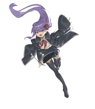 1girl bb_(fate) bb_(fate/extra) black_coat black_thighhighs coat commentary english_commentary fate/extra fate/extra_ccc fate_(series) hair_ribbon long_hair long_sleeves looking_at_viewer neck_ribbon open_mouth purple_eyes purple_hair red_ribbon ribbon same_ringo3 skirt solo thighhighs very_long_hair white_background