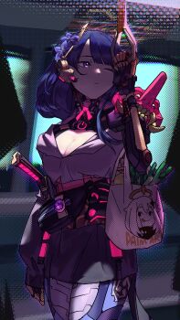 1girl absurdres alternate_costume alternate_hairstyle alternate_universe bag bakage blurry blurry_background bodysuit breasts cleavage cyberpunk fanny_pack flower flower_ornament food genshin_impact glitch glowing grocery_bag hair_ornament head_tilt headpiece highres humanoid_robot indoors japanese_clothes katana large_breasts long_hair mask_on_shoulder mitsudomoe_(shape) mole mole_under_eye motion_blur one_eye_closed paimon_(genshin_impact) power_symbol purple_eyes purple_flower purple_hair raiden_shogun robot shade shopping_bag solo standing sword tomoe_(symbol) train_interior weapon