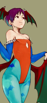 1girl 591mm animal_print aqua_pantyhose bare_shoulders bat_print closed_mouth clothing_cutout commentary_request darkstalkers demon_girl demon_wings detached_sleeves diamond_cutout eyelashes head_wings highres leotard lilith_(darkstalkers) pantyhose print_pantyhose purple_hair red_eyes red_leotard short_hair simple_background smile solo very_short_hair wings