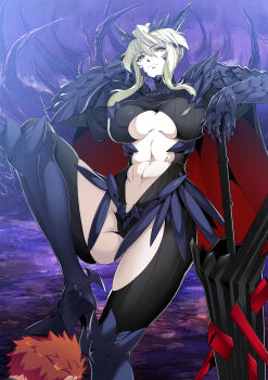 Rule 34 | 1boy, 1girl, absurdres, angra mainyu (fate), artoria pendragon (fate), artoria pendragon (lancer alter) (fate), bodysuit, braid, braided bun, breasts, corruption, dark persona, emiya shirou, fate/grand order, fate/stay night, fate (series), garter belt, gloves, hair between eyes, hair bun, highres, horns, large breasts, looking at viewer, navel, nima888, orange hair, possessed, possession, revealing clothes, rhongomyniad (fate), ribbed bodysuit, senji muramasa (fate), sidelocks, stepped on, thighhighs, thighs, underboob, yellow eyes