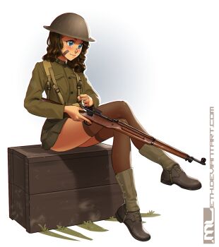 1girl artist_name badge bandaid bandaid_on_face black_thighhighs blue_eyes blush boots box british_army brodie_helmet brooke_(mleth) brown_boots brown_hair button_badge closed_mouth combat_helmet crate deviantart_username female_focus full_body grey_hat gun hat helmet highres long_hair long_sleeves m1917 military military_hat military_uniform miniskirt mleth on_box original rifle simple_background sitting sitting_on_box skirt solo thighhighs watermark weapon web_address white_background world_war_i