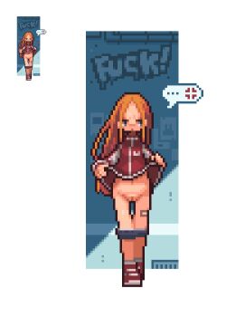 ... 1girl anger_vein averting_eyes backwards_hat bandaid bandaid_on_leg blue_buruma buruma buruma_pull clothes_lift clothes_pull commentary_request full_body graffiti hat jacket jacket_lift lifting_own_clothes loli long_hair omunikin orange_hair original pixel_art profanity pussy red_jacket red_shoes shoes solo spoken_anger_vein spoken_ellipsis standing thigh_gap