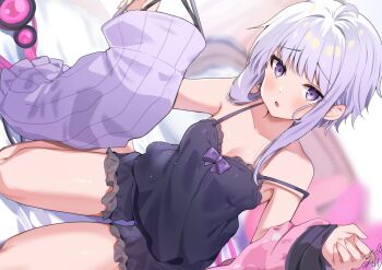 1girl ahoge bare_shoulders black_camisole black_shorts blush breasts camisole cleavage collarbone commentary dress medium_breasts omuretsu open_mouth purple_dress purple_eyes purple_hair short_hair_with_long_locks shorts signature sitting sleeveless solo spaghetti_strap unworn_dress vocaloid voiceroid yuzuki_yukari