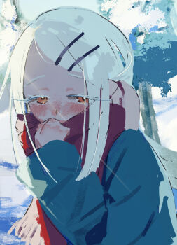 1girl black_coat blush coat colored_eyelashes commentary_request covered_mouth covering_own_mouth from_side gakuen_idolmaster hair_ornament hairclip hand_over_own_mouth hand_up highres idolmaster long_hair long_sleeves looking_down nose_blush orange_eyes outdoors parallel_hairclips parted_bangs red_scarf scarf shinosawa_hiro sidelighting solo toutoutou tree twitter_username upper_body white_hair winter_clothes