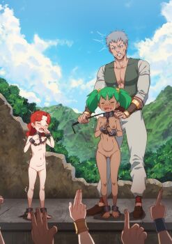 1boy 2girls barefoot bdsm bondage bound breasts delia_(honzuki_no_gekokujou) grey_hair honzuki_no_gekokujou loli multiple_girls nude outdoors red_hair sky slave slave_market small_breasts the_dark_mangaka tree