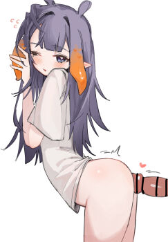 1boy 1girl absurdres arched_back bar_censor bottomless censored chocosong commentary_request gradient_hair hand_up heart heart_in_eye hetero highres hololive hololive_english just_the_tip long_hair mole mole_under_eye multicolored_hair ninomae_ina'nis one_eye_closed orange_hair penis purple_eyes purple_hair sex sex_from_behind shirt simple_background standing standing_sex symbol_in_eye t-shirt tentacle_hair vaginal virtual_youtuber white_background white_shirt