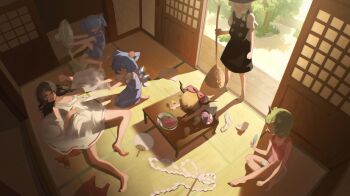 6+girls absurdres alternate_costume barefoot black_hair black_skirt black_vest blonde_hair blue_hair broom brown_horns buttons cirno closed_eyes commentary_request cryokinesis electric_fan food fruit full_body gohei gourd green_hair hakurei_reimu hand_fan head_bump highres holding holding_broom holding_food holding_popsicle horns hot ibuki_suika ice ice_wings indoors kawashiro_nitori kinoko_(kino2435006) kirisame_marisa komano_aunn long_hair looking_at_another lying multiple_girls on_back on_floor open_mouth pink_tank_top popsicle shirt short_hair short_sleeves shorts shouji skirt sliding_doors summer sweat table tank_top tatami touhou vest watermelon white_shirt white_shorts wings wrench